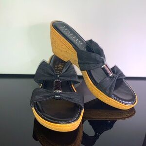 Italian Shoemakers Black Fabric and Tan Faux Cork Wedge Sandals Women’s Size 6.5
